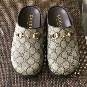 Gucci Beige and Brown Monogram Mules